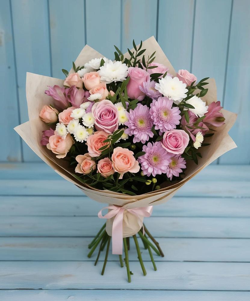 Букет цветов из: Хризантемы, Розы и Альстромерии в Балтийском