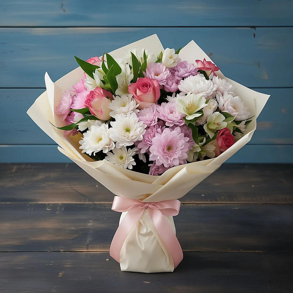 Букет цветов из: Хризантемы, Альстромерии и Розы в Балтийском